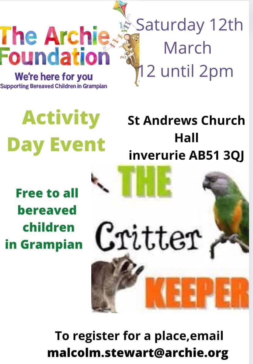Activity Day for bereaved children in Grampian to realise they are not alone, make friends and share stories. Register Malcolm.stewart@archie.org <a href="/NHSGrampian/">NHS Grampian</a> <a href="/aberdeenshireEP/">Aberdeenshire EPS</a> <a href="/EduAberdeenEPS/">Aberdeen City EPS</a> <a href="/MorayEPS/">Moray EPS</a> <a href="/HSCMoray/">HSCMoray</a> <a href="/HSCPshire/">Aberdeenshire HSCP</a> <a href="/HSCAberdeen/">Aberdeen City HSCP</a> <a href="/grampiancbn/">Archie's Child Bereavement Service</a> #support #youarenotalone
