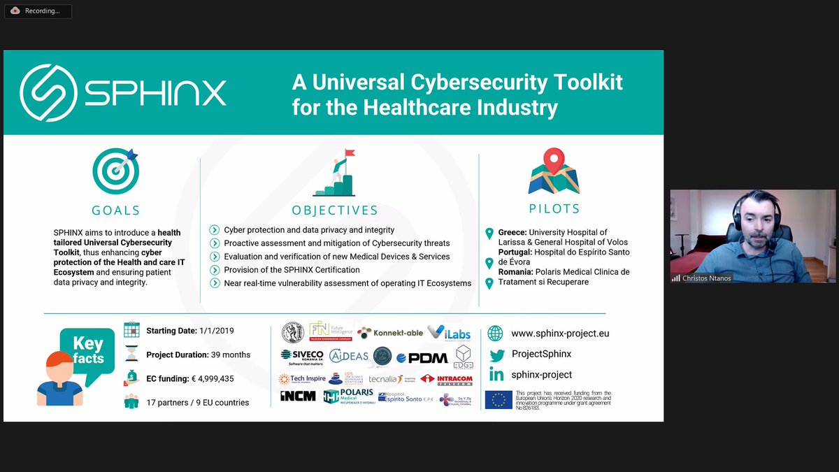 ProjectSphinx's tweet image. #workshop updates 🔴
The SPHINX@HEALTHSECURITY has just begun!
Project Coordinator Christos Ntanos of @DSS_Lab is giving the opening speech.
#EU #H2020 #CyberSecurity #healthcare