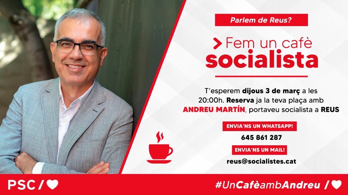 andreu_martin's tweet photo. ✅ 𝗣𝗮𝗿𝗹𝗲𝗺 𝗱𝗲 #Reus?

🙋‍♂️ T’espero dijous 3 de març a les 20h per parlar de #tu a tu mentre fem un cafè ☕️: inquietuds, suggeriments, dubtes, propostes...

📞 #Reserva ja la teva plaça per whatsapp (645 861 287) o mail (reus@socialistes.cat) T'hi espero! 😀
#UnCafèambAndreu https://t.co/l7fuXjwv4r