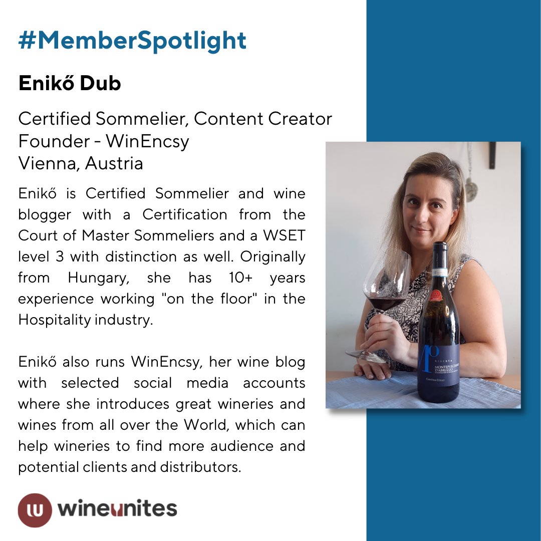 Our latest #MemberSpotlight is on Eniko Dub. Check out her blog for a variety of content, from wine tastings to educational content, all around wine.

#wineunites #wine #professionals #community #cooperation #collaboration #memberspotlight