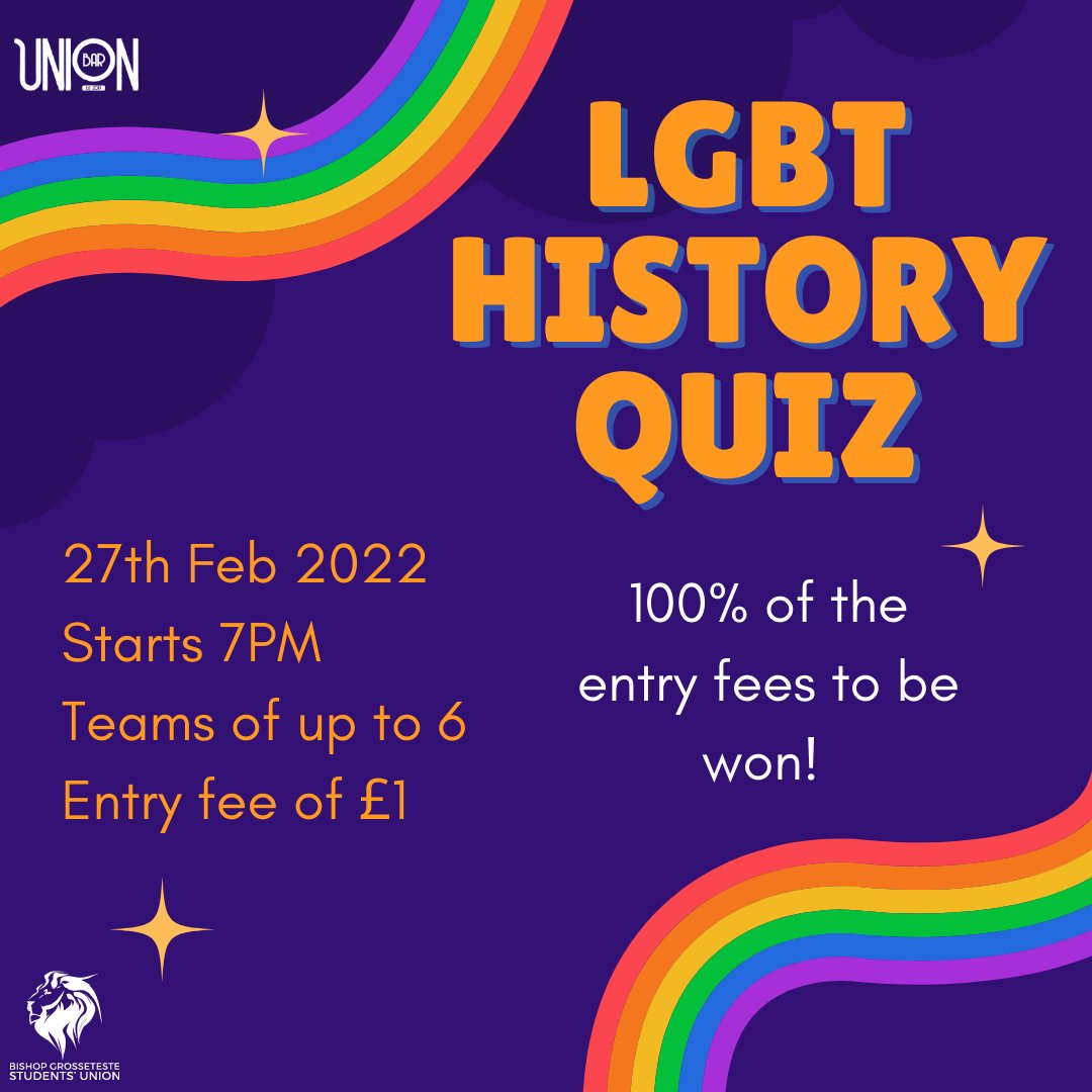 Our quiz this week is all about LGBT+ History Month hosted by the one and only Lin Gerie Drag Queen

We really hope to see you there in support! It's going to be a great night, with 100% OF THE TOTAL ENTRY FEES TO BE WON!!
