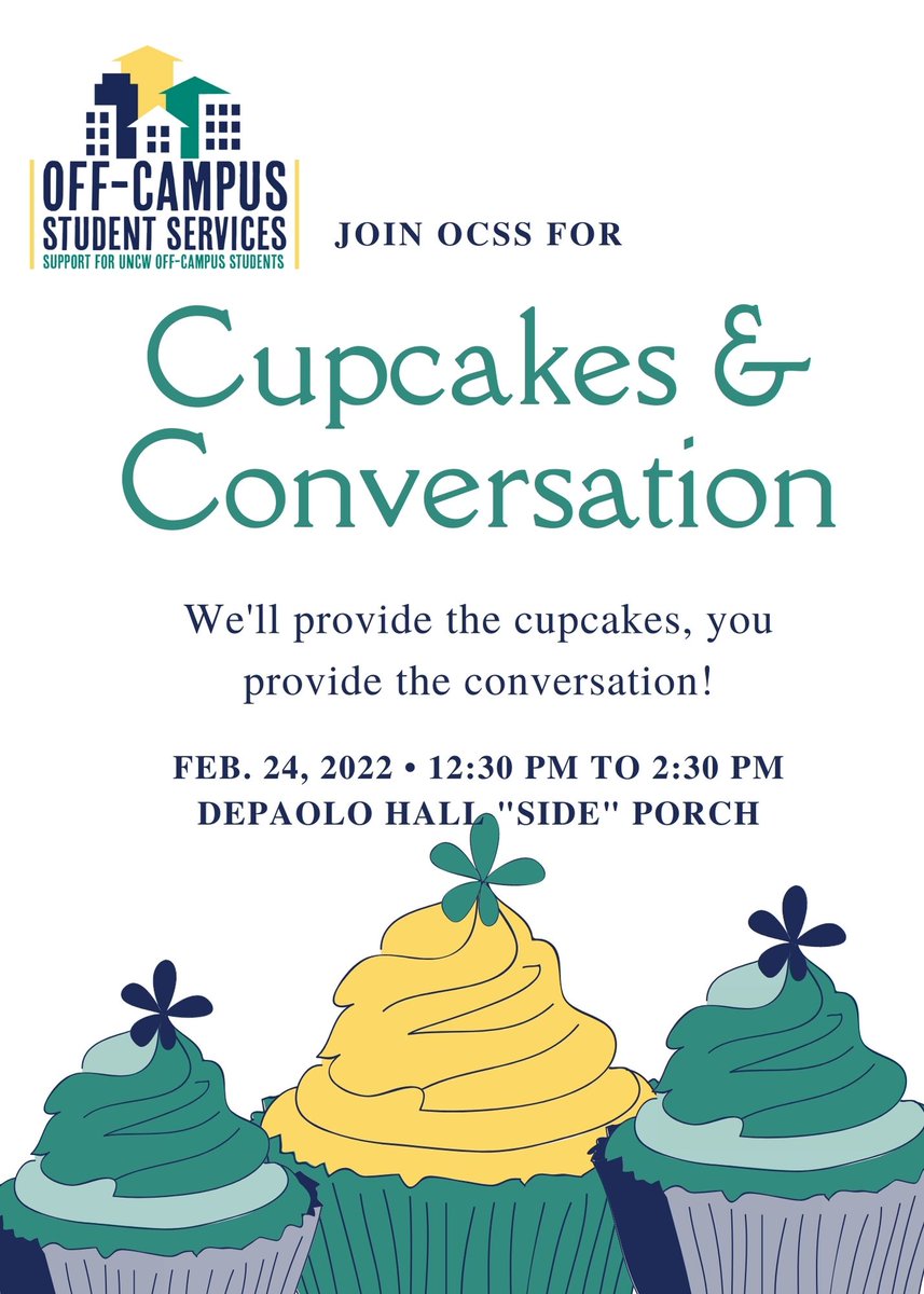 Seahawk_OCSS's tweet image. Please join Off-Campus Student Services (OCSS) for Cupcakes &amp;amp; Conversation, TODAY, Thursday, February 24, 2022 from 12:30 PM to 2:30PM. The location will be outside, at DePaolo Hall. We will be on the side porch!
