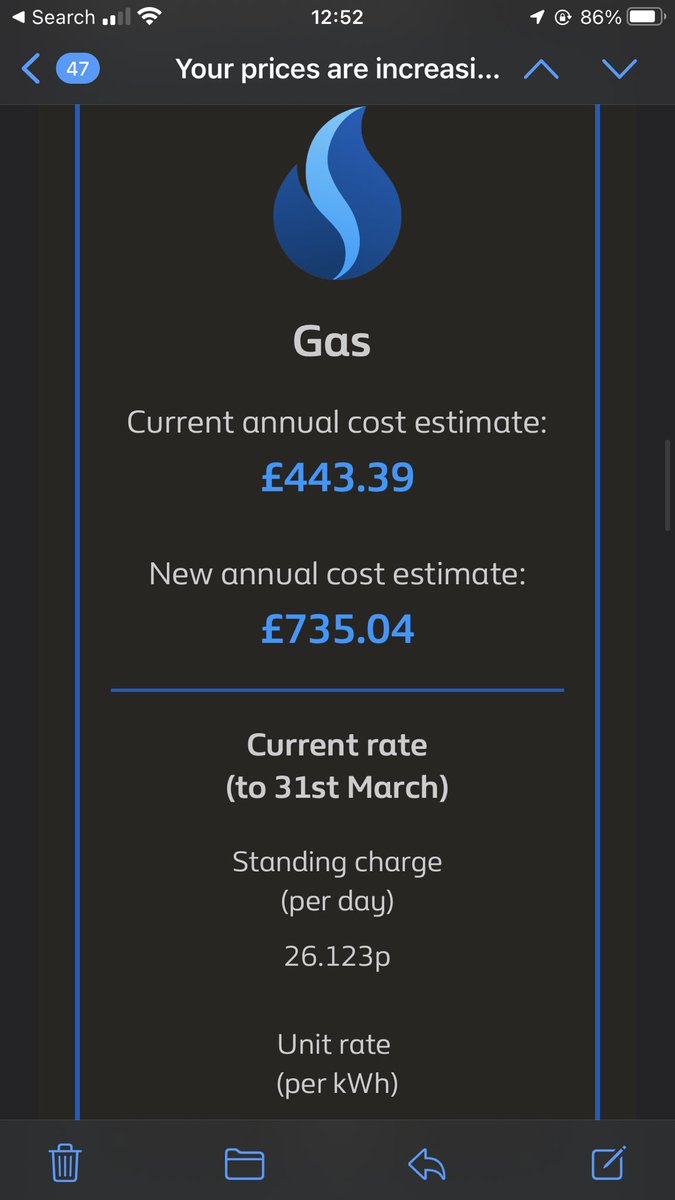 Russell_S_Smith's tweet photo. Real world @BritishGas increase email today, based on a two bedroom flat with brand new boiler. 65.77% increase in costs. People are going to feel this one! @MartinSLewis #gasprices https://t.co/WVypPRTUs0