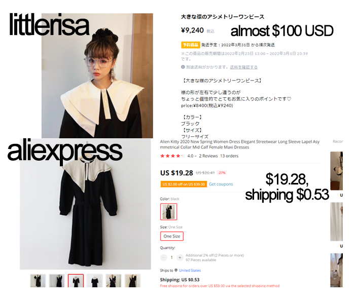 pinkcres's tweet photo. Niigaki Risa is currently selling a dress that rounds to $100 USD, while aliexpress has it listed at roughly $20 USD. Natsuyaki Miyabi is selling earrings for $22 USD, but aliexpress has them for $2.89 USD. The metal items are worrisome for me due to allergic reactions and lead. https://t.co/1t66iBvedY