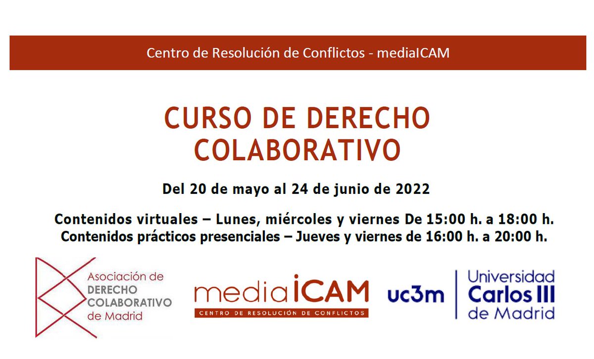 ¡Nueva #formacion en #derechocolaborativo!
icam.es/cursos/cache/P… <a href="/icam_es/">Ilustre Colegio de la Abogacía de Madrid</a>  @MediacionICAM <a href="/uc3m/">UC3M</a> <a href="/ADCMadrid/">DColaborativoMadrid</a>