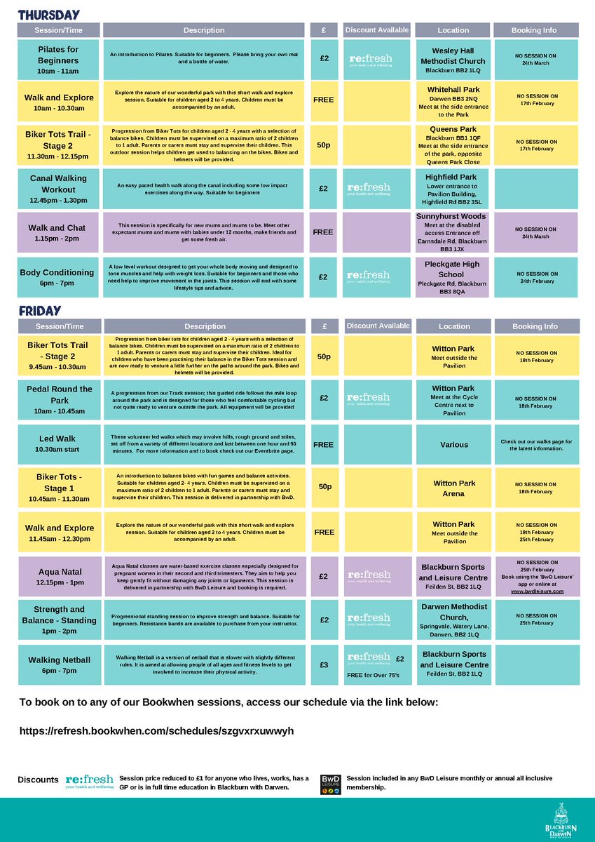 Take a look at our brand new Get Active timetable!

If you would like any further information about these sessions please contact The Wellbeing Service on 01254 682037.

Bookable sessions 👉 bit.ly/3sSxpld