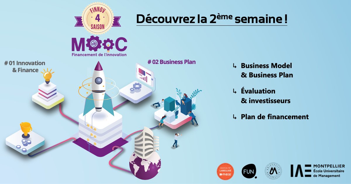 Après une semaine d’introduction au financement de l’innovation, à ses spécificités &amp; ses acteurs, la semaine 2⃣ du #MOOC vient d’ouvrir.
🎥 Découvrez le BP : de son élaboration à son évaluation par un financeur !
➕ Un exercice sur le plan de financement vous est proposé. 💸