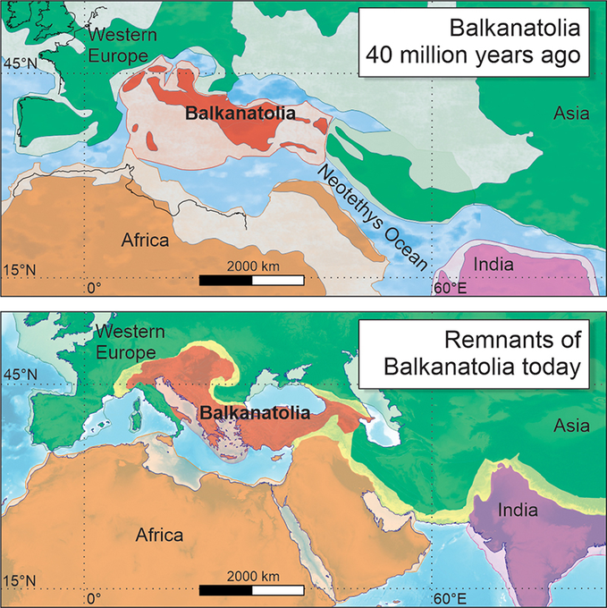 Carte montrant la Balkanatolie il y a 40 millions d’années et aujourd’hui.
© Alexis Licht & Grégoire Métais