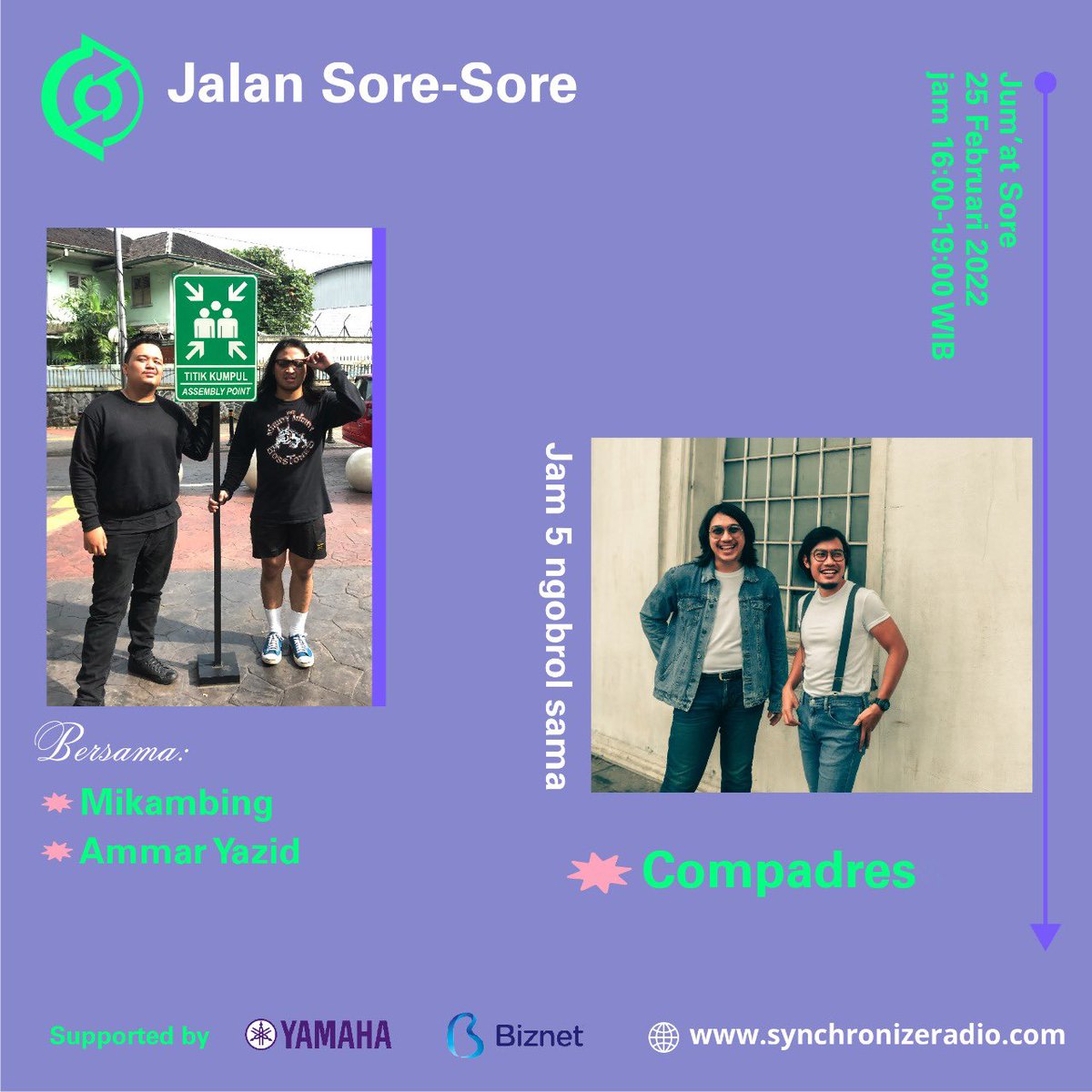 CompadresBand's tweet image. Besok, Jumat jam 5 sore, Compadres bakal ada sesi ngobrol di Synchronize Radio dalam segmen Jalan Sore-Sore. Kita bakal bahas seputar single baru kita ‘Dan Terbilang’ dan lain-lain. Stay tuned!

#compadres #compadresband #compadresmusic #dntrblg #danterbilang