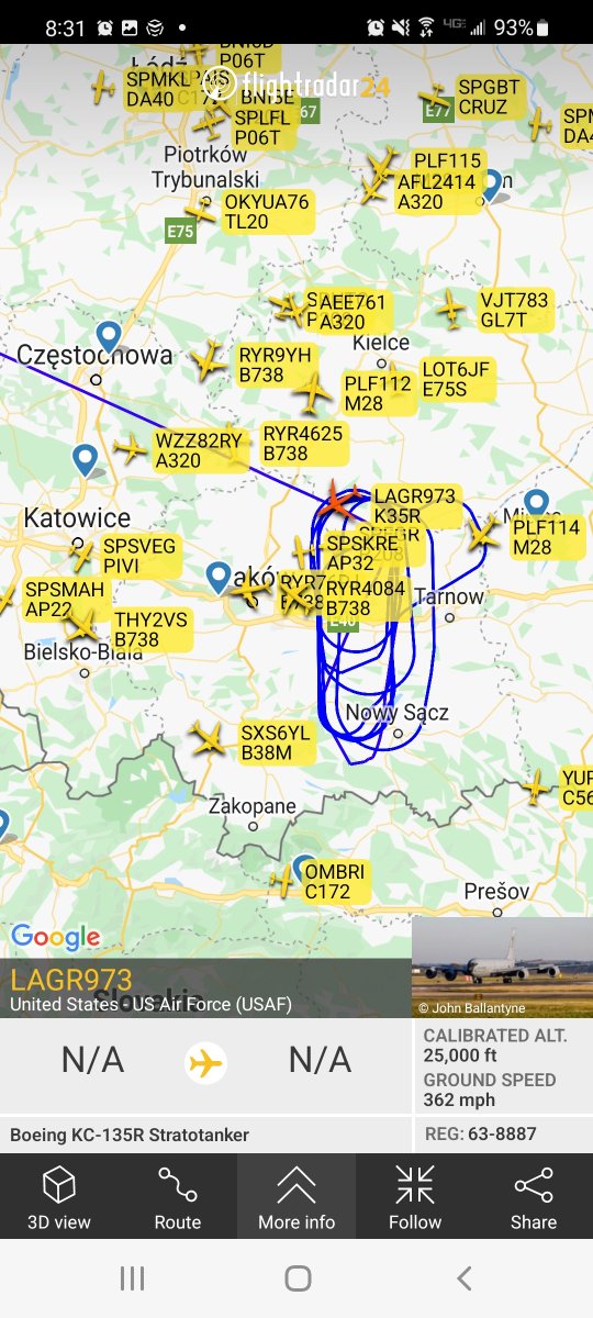 rachelkaras's tweet photo. .@usairforce tankers and 
a B-52 bomber making tracks over Poland at the moment. Wouldn't be surprised if there's planes not showing up on radar that are meeting up with those tankers to refuel https://t.co/fq7pQ5VSyR