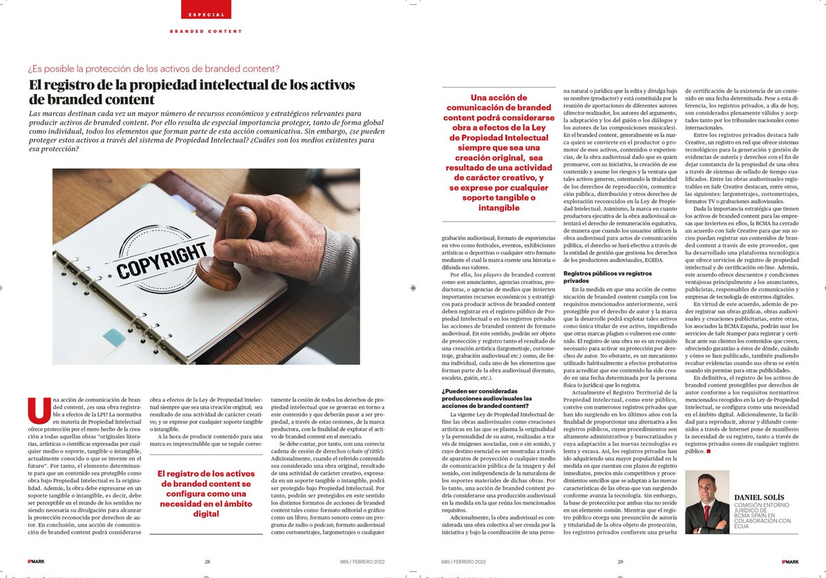 Aquí os dejamos el artículo de nuestro colaborador jurídico <a href="/Dasopo/">Daniel Solís. Dasopo</a> sobre el registro de la propiedad intelectual de los activos de BC en colaboración con <a href="/ECIJA/">ECIJA</a> y @Think4Sale en el completísimo especial de #BrandedContent de <a href="/IPMARK/">IPMARK</a> 

ipmark.com/informes/espec…