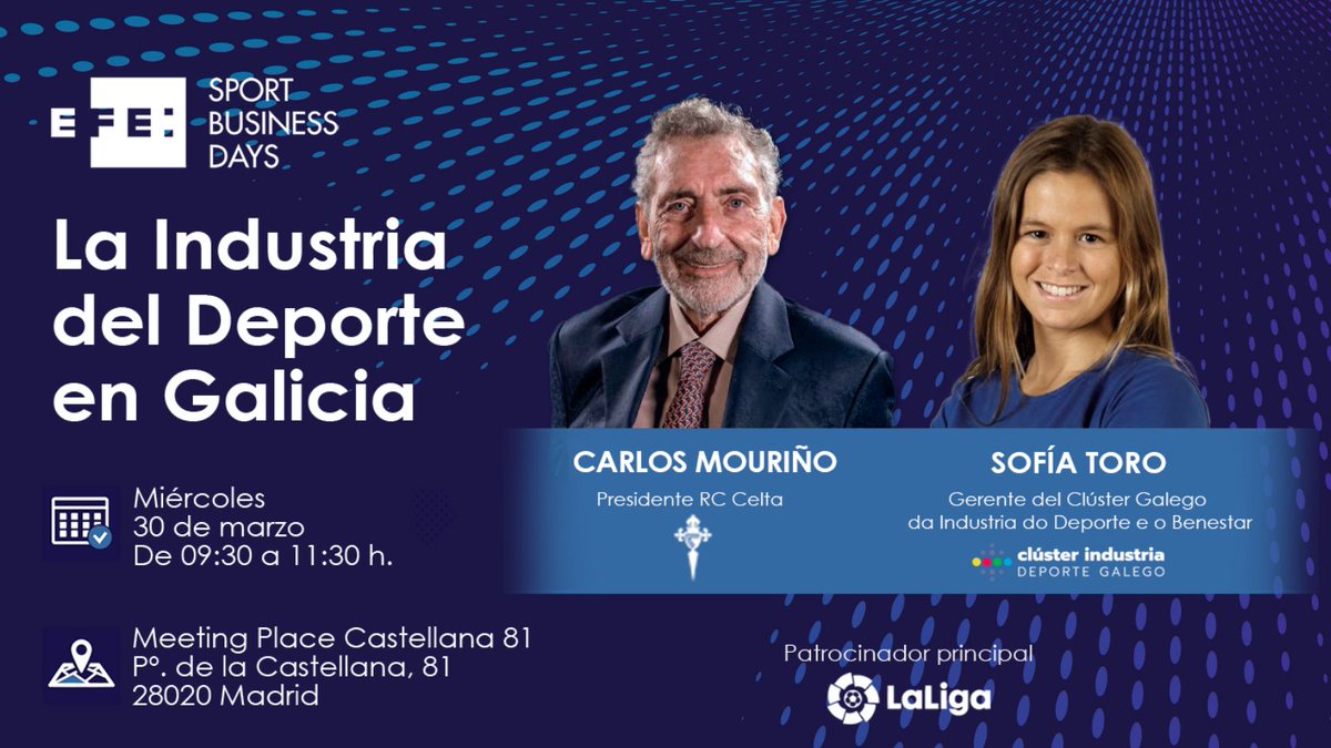 BestOptionMed's tweet image. 📢 Ya tenemos fecha para el IV Foro de @EfEsbd que organizamos junto a @agenciaefe

🔵"La Industria del Deporte en #Galicia". Participan #CarlosMouriño (@RCCelta ) y @sofiatoropp 

🗓️ 30/03 - 09:30
📍 Paseo Castellana, 81 (Madrid)
➡️Inscripciones: bit.ly/3hjzbEV