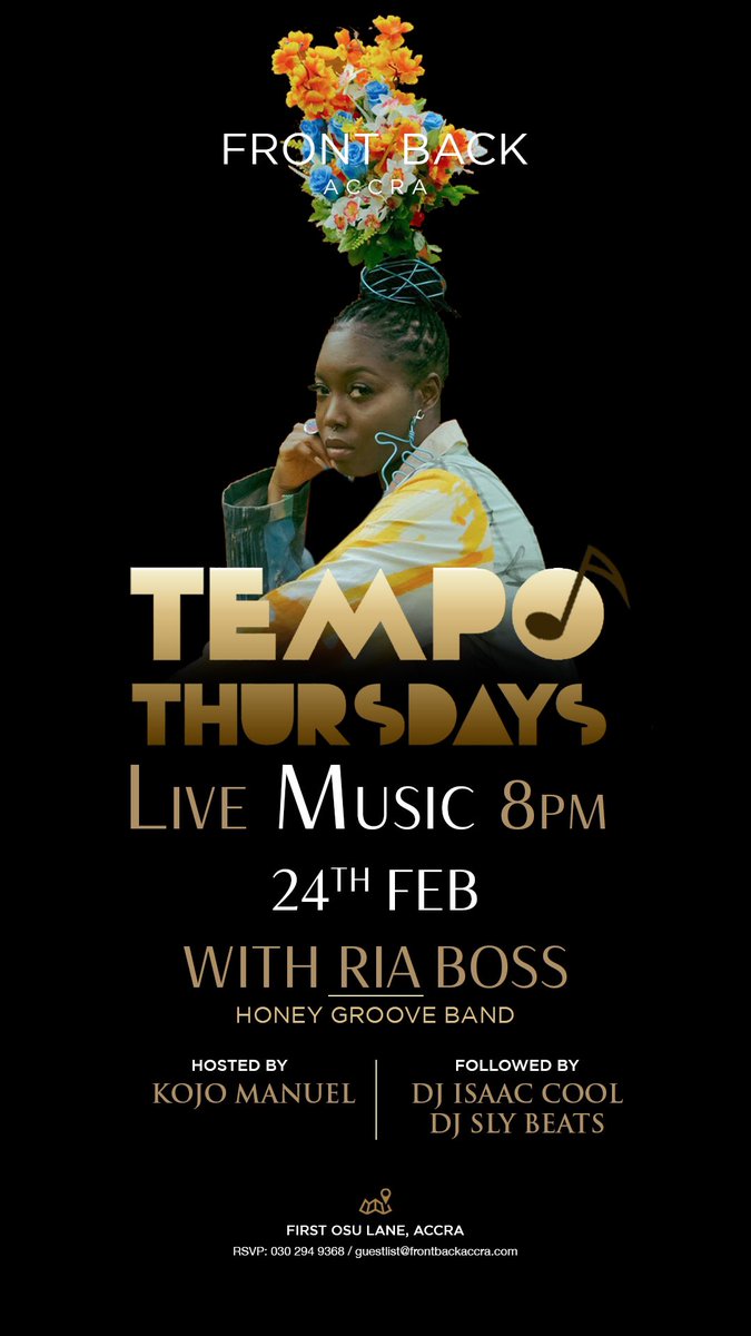 Catch @_riaboss_ live tonight on #TempoThursdays as she performs live along with the @HoneyGrooveband 🥁🎸🎺 @KojoManuel @Djisaaccool & @Djslybeatz 😎 Let’s vibe from 8pm 🔥