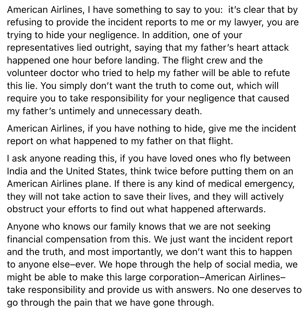 VikasChawla75's tweet photo. @IndianEmbassyUS We are seeking justice for the wrongful death of my father against @AmericanAir. My father had massive heart attack in flight and suffered for 6 hours before dying shortly after landing. #JusticeMatters https://t.co/yCutLZHgEe