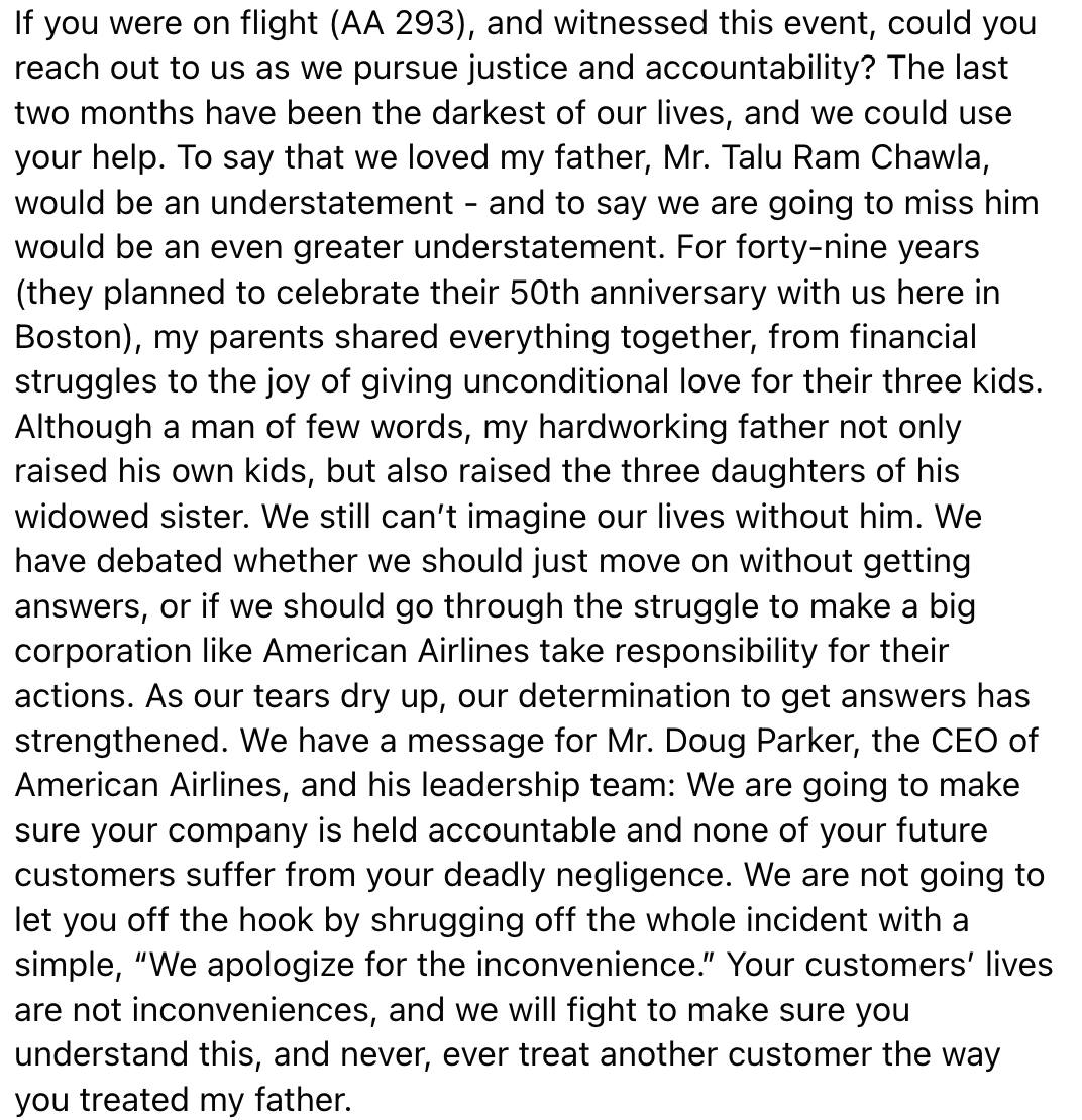 VikasChawla75's tweet photo. @IndianEmbassyUS We are seeking justice for the wrongful death of my father against @AmericanAir. My father had massive heart attack in flight and suffered for 6 hours before dying shortly after landing. #JusticeMatters https://t.co/yCutLZHgEe