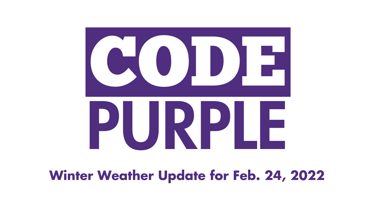 TarletonState's tweet photo. CODE PURPLE: All university locations, except RELLIS-Bryan, will move to virtual learning/remote work today, Thursday, Feb. 24. There will be no face-to-face classes today. https://t.co/pW4wk6BsBx https://t.co/1Re8q6GlHe