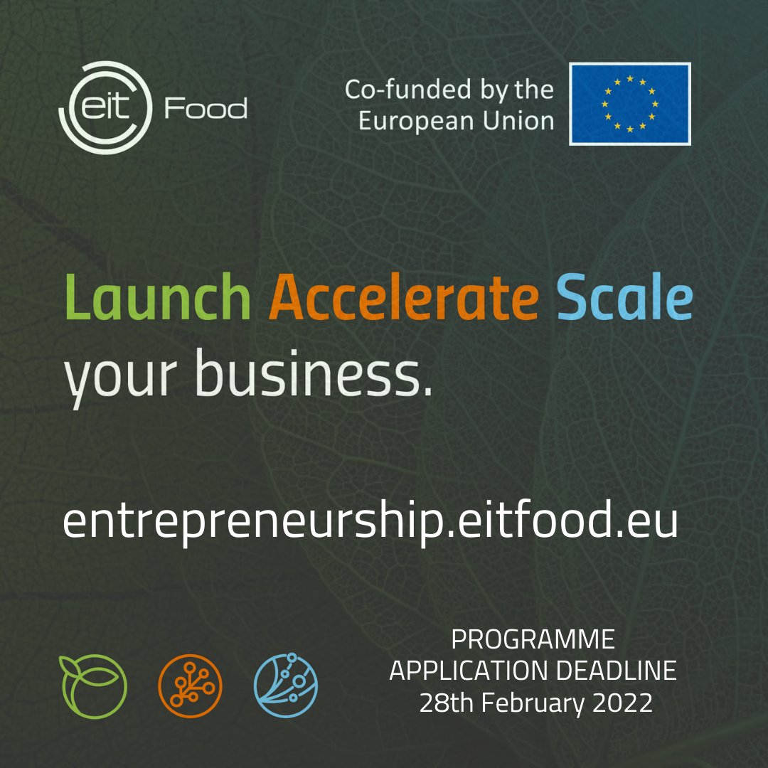 Sei alla ricerca di progetti pilota, investimenti o opportunità di crescita del mercato in tutta Europa? Allora questo è il programma di #EITFood adatto al tuo progetto! Candidature aperte solo fino al 28 febbraio: entrepreneurship.eitfood.eu/accelerate/

<a href="/EITFood/">EIT Food</a> #scaleup #startup
