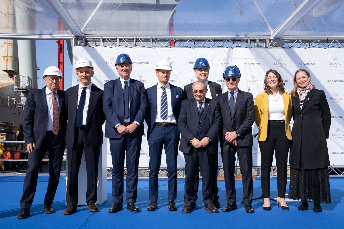 Fincantieri's tweet image. Today took place the coin ceremony of #ExploraI the first of four luxury cruise ships #ExploraJourneys for #MSC built by #Fincantieri. Each ship will be equipped with 461 suites and showcase a highly-innovative design &amp;amp; the latest available technologies in terms of sustainability