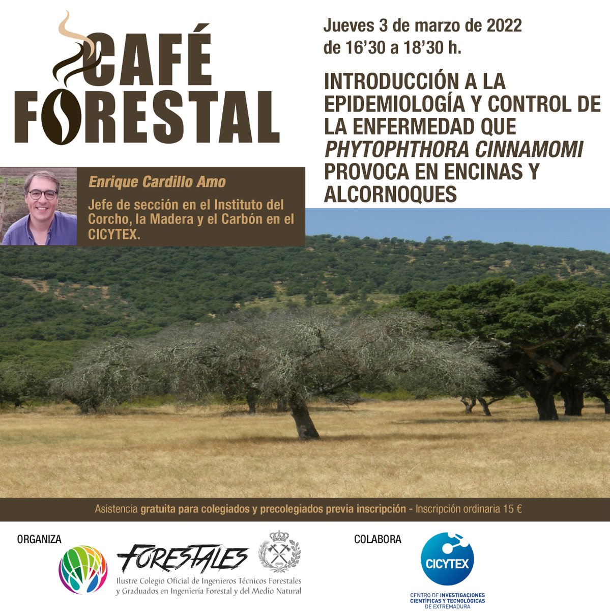 IngForestal50's tweet photo. Próximo #CaféForestal "INTRODUCCIÓN a la EPIDEMIOLOGÍA y CONTROL de la ENFERMEDAD QUE PHYTOPHTHORA CINNAMOMI PROVOCA en ENCINAS y ALCORNOQUES" con Enrique Cardillo @CICYTEX #IPROCOR
📆Jueves, 3 de marzo, de 16.30 a 18.30 h.
Más info 👇👇👇https://t.co/IuN222BSEs https://t.co/5A0nUJY2rP