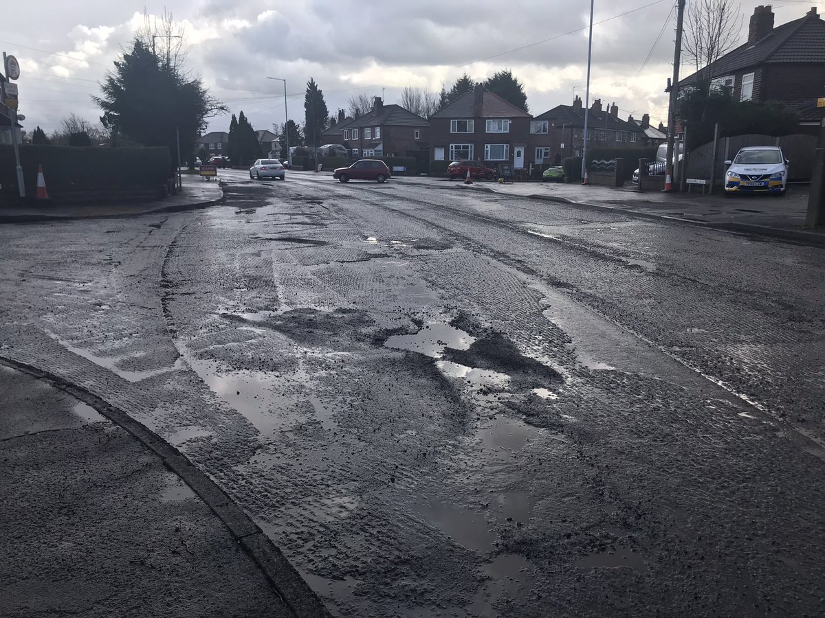 WalkRideCheadle's tweet photo. Work has started on Birdhall Ln/Granville Rd to

- Narrow the ludicrously wide bell mouth junction*
- Install an implied zebra*
- Install a much needed signalled crossing across Birdhall, which is a well used school walk-bike route*

Will only take a week too! https://t.co/6c2aoxvUw6