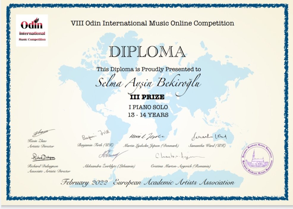 7.sınıf  öğrencimiz S.Ayşin Bekiroğlu Norveç’te düzenlenen VII Odin International Music Online Competition’da üçüncülük derecesi elde etmiştir.

Avrupa Akademik Sanatçılar Derneği (EAA) tarafından düzenlenen yarışmada elde ettiği dereceden dolayı öğrencimizi tebrik ederiz.
