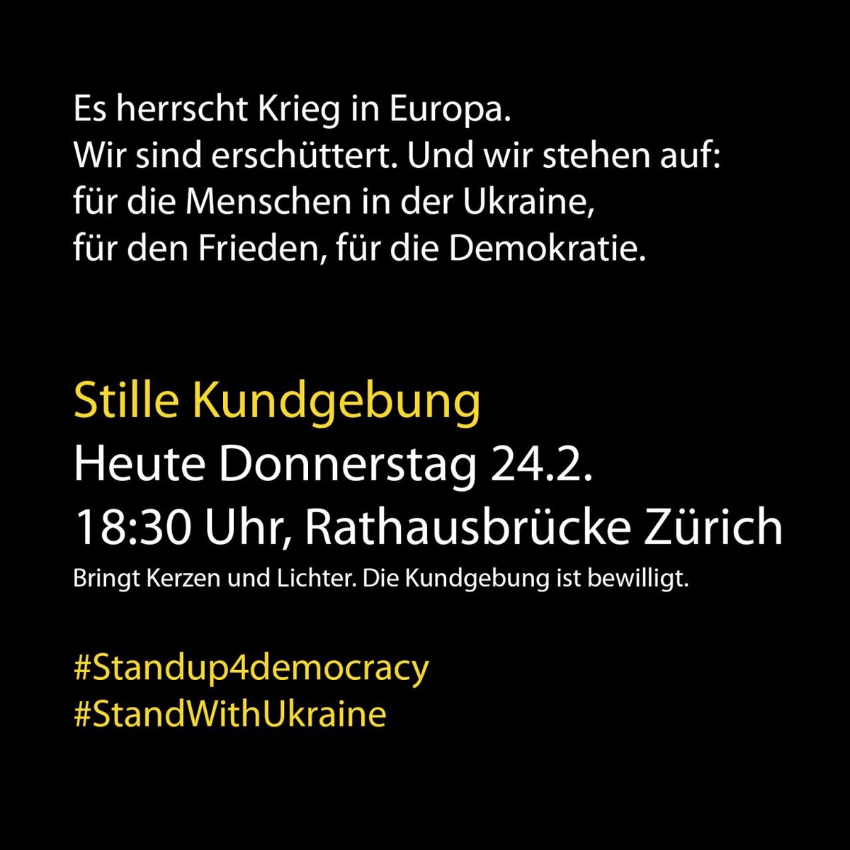 Hyniewska's tweet photo. Today at 18:30 in Zurich: peaceful get together at the Rathausbrücke to #StandWithUkraine (not linked to one unique political party or ideology). Bring your candles to show the Swiss government that you want them to act now. https://t.co/sDIrbJ9di6