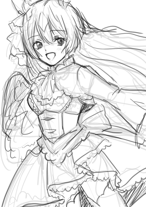 サトちゃん描き始めたけど顔のバランス難しいね、衣装もすごいかわいいんだけど把握しきれないかも・・・! 