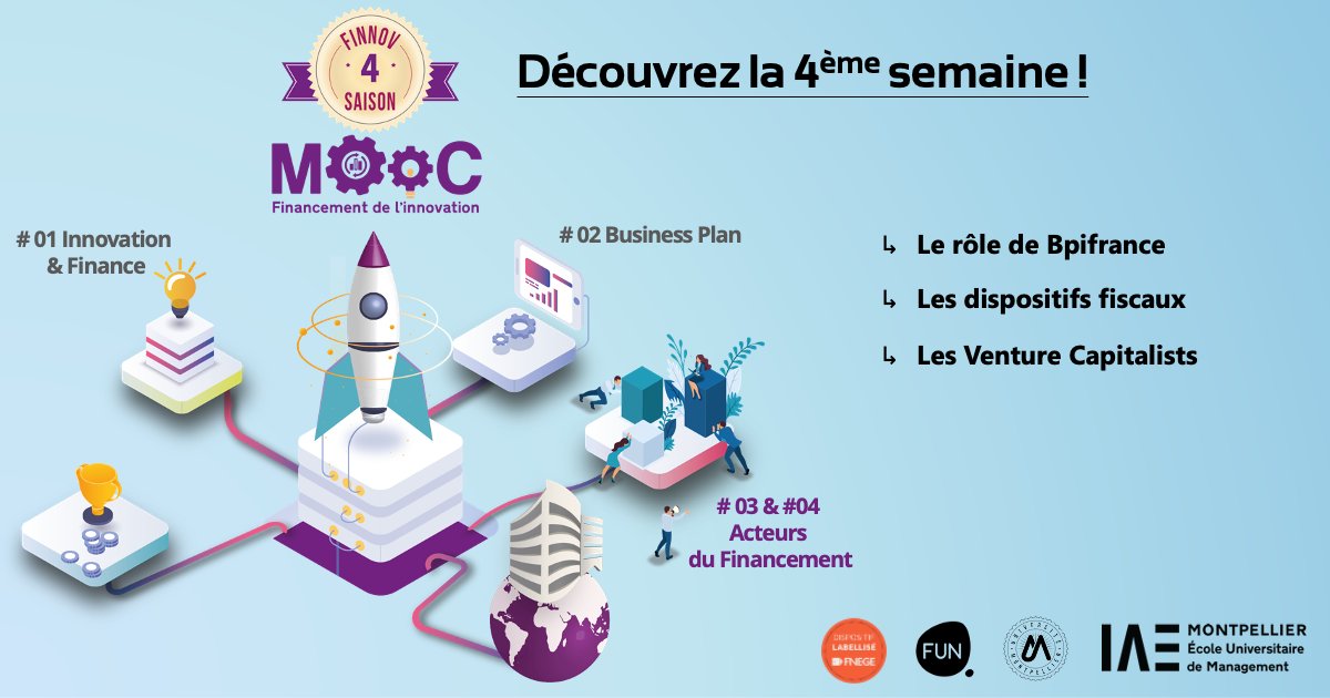 Cette semaine, découvrez la suite du module des acteurs du #financement de l’innovation : 🎥le rôle de <a href="/Bpifrance/">Bpifrance</a>, les dispositifs fiscaux &amp; les fonds de capital-risque.
👏Un grand merci aux intervenants : A. Darnige, O. Laboury-Barthez, B. Marrel, M. Ekeland &amp; L. Soubeyrand