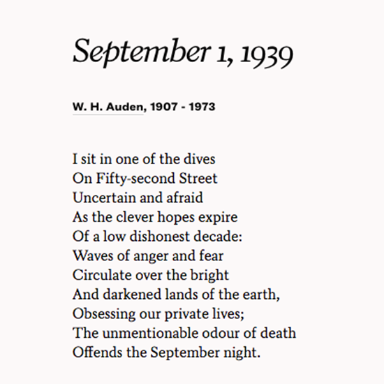 Defenseless under the night
Our world in stupor lies;
Yet dotted everywhere,
Ironic points of light
Flash out whereever the Just
Exchange their messages;
May I...
Beleaguered by the same
Negation and despair,
Show an affirming flame.

- W.H. Auden

#poetry #ukraine