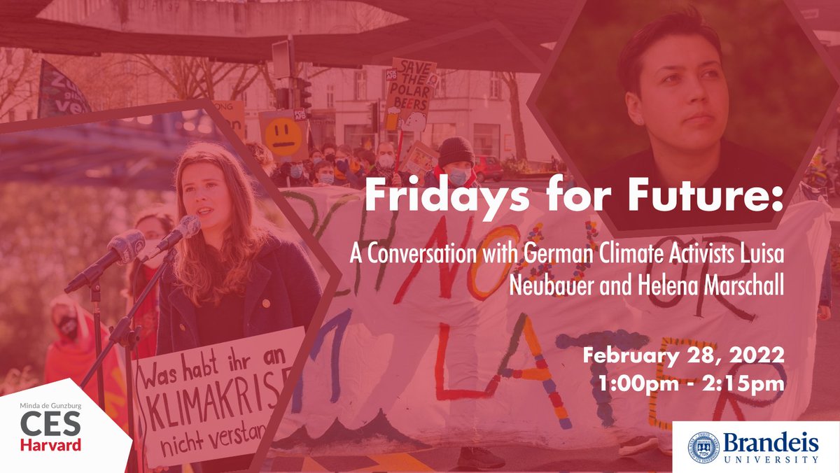 MONDAY 2/28: We are excited to host  #FridaysforFuture activists <a href="/Luisamneubauer/">Luisa Neubauer</a> &amp; <a href="/helenamarschalI/">Helena Marschall</a>. RSVP now &amp; join us with our co-sponsor Brandeis CGES <a href="/vonmering/">Sabine von Mering</a>. 
⏰Feb. 28 at 1:00-2:15pm (ET)
✏️bit.ly/3t8NG4h
<a href="/EleniMPapoulia/">Elaine Papoulias</a> <a href="/FridayForFuture/">Fridays for Future Germany</a>