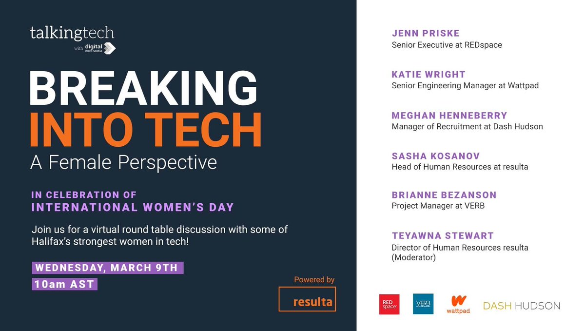 In celebration of International Women's Day, join <a href="/resultaInc/">resulta</a>, Digital Nova Scotia, <a href="/wattpad/">Wattpad</a>, @DashHudson and <a href="/VERBInteractive/">VERB Interactive</a> for a virtual round table with some of Halifax' strongest women in tech! We hope to see you there!

Register now!: …ers-digitalnovascotia.wildapricot.org/event-4707025