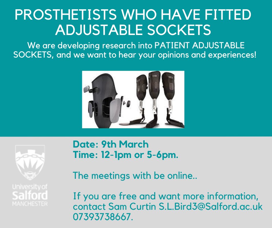 We are looking for adjustable prosthetic users and prosthetists who have fitted adjustable sockets to come along to a consultation event and help shape our research! Online meetings are planned for the 8th and 9th of March. Get in touch if your free and interested.