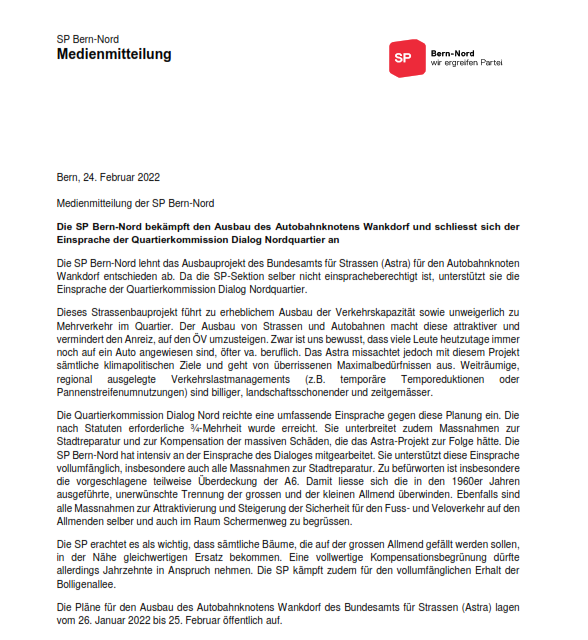 Kein Spaghettiteller im Wankdorf! Die SP Bern-Nord unterstützt die Einsprache gegen den Ausbau des Autobahnknotens <a href="/SP_Stadt_Bern/">SP Stadt Bern</a> <a href="/AltasKatharina/">Katharina Altas</a> @Spurwechsel_BE