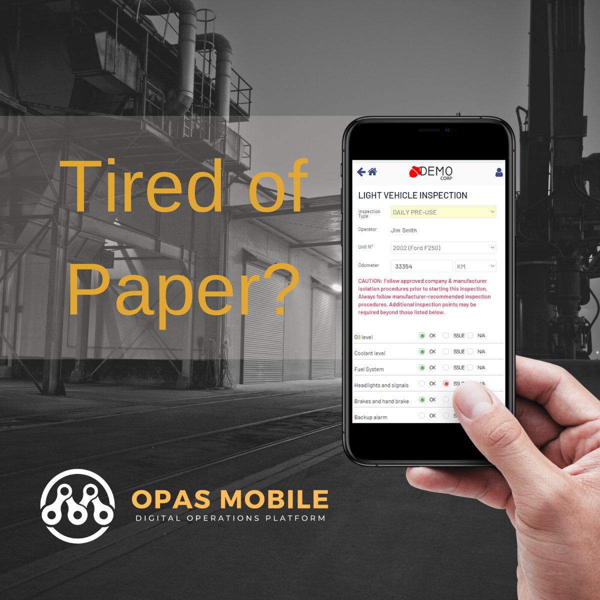 Still using paper checklists for your fleet pre-use inspections? There's a better way.

There are a limited number of beta tester slots available for our next version. Get in touch now at opasmobile.com/demo
