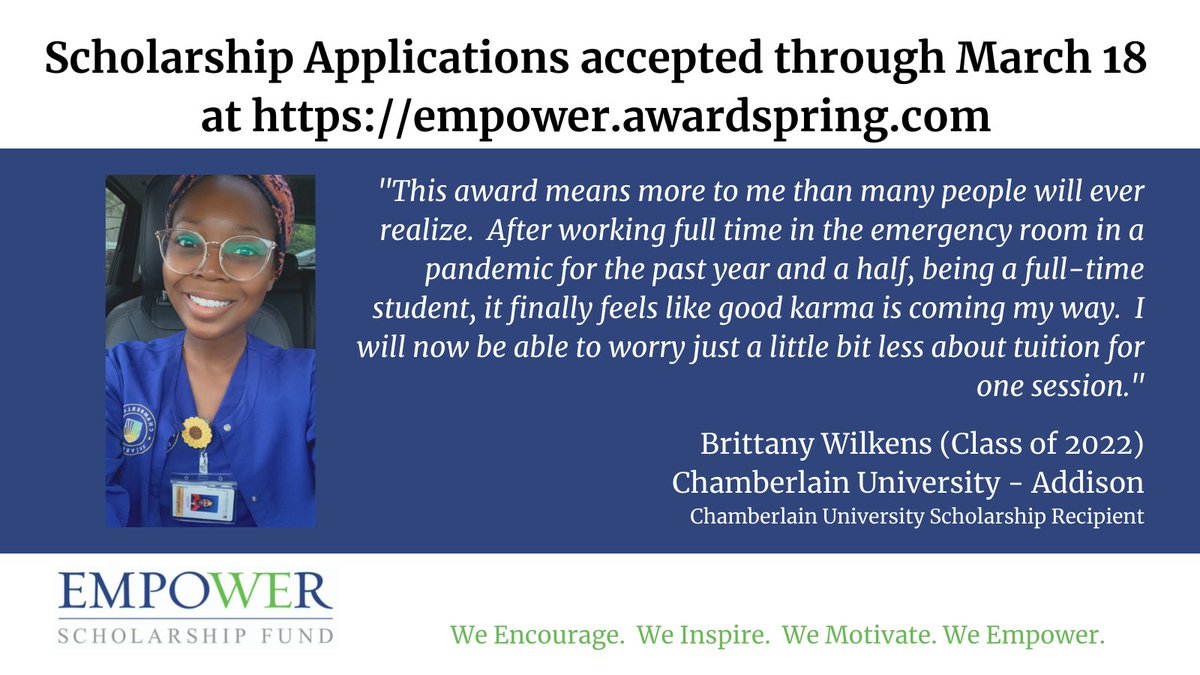 FundEmpower's tweet photo. @chamberlainedu students have the chance to apply for 73 scholarships worth $133,000 during our spring application cycle. https://t.co/012pl710KR