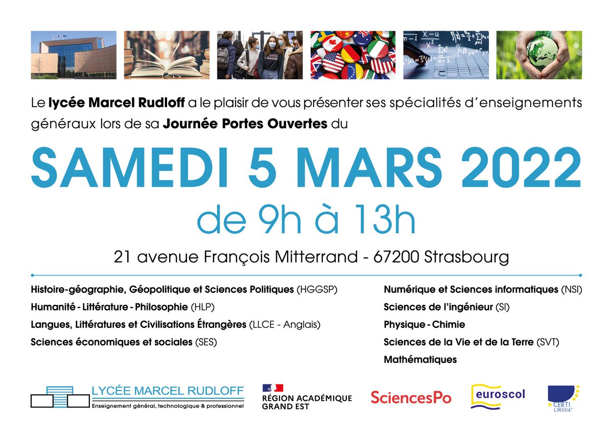 LyceeRudloff's tweet photo. Les Portes Ouvertes du #lycéeRudloff auront lieu le 5 mars de 9 à 13h: l'occasion pr nos futurs élèves et élèves de 2de de découvrir la belle polyvalence de notre établissement, la richesse des offres de formation et d'enseignements de spécialités. https://t.co/pfKPN9vix1