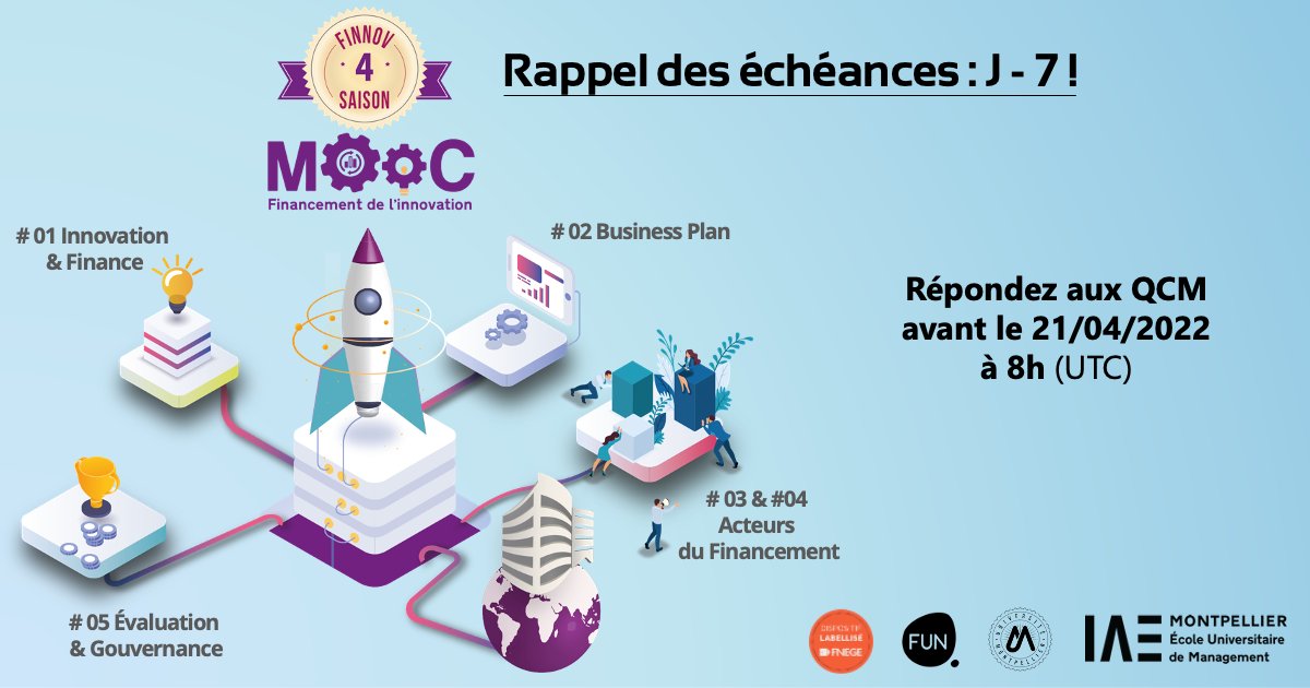 🔜 Dernière ligne droite pour répondre aux QCM du #MoocFinnov 🔣Vous avez jusqu’au 21 avril à 8h UTC❗
Ce fut un plaisir de partager cette expérience avec vous ☺️ Nous espérons que ce cours vous a plu! Pensez à compléter l’enquête sur <a href="/FunMooc/">France Université Numérique</a> pour partager avec nous vos retours!