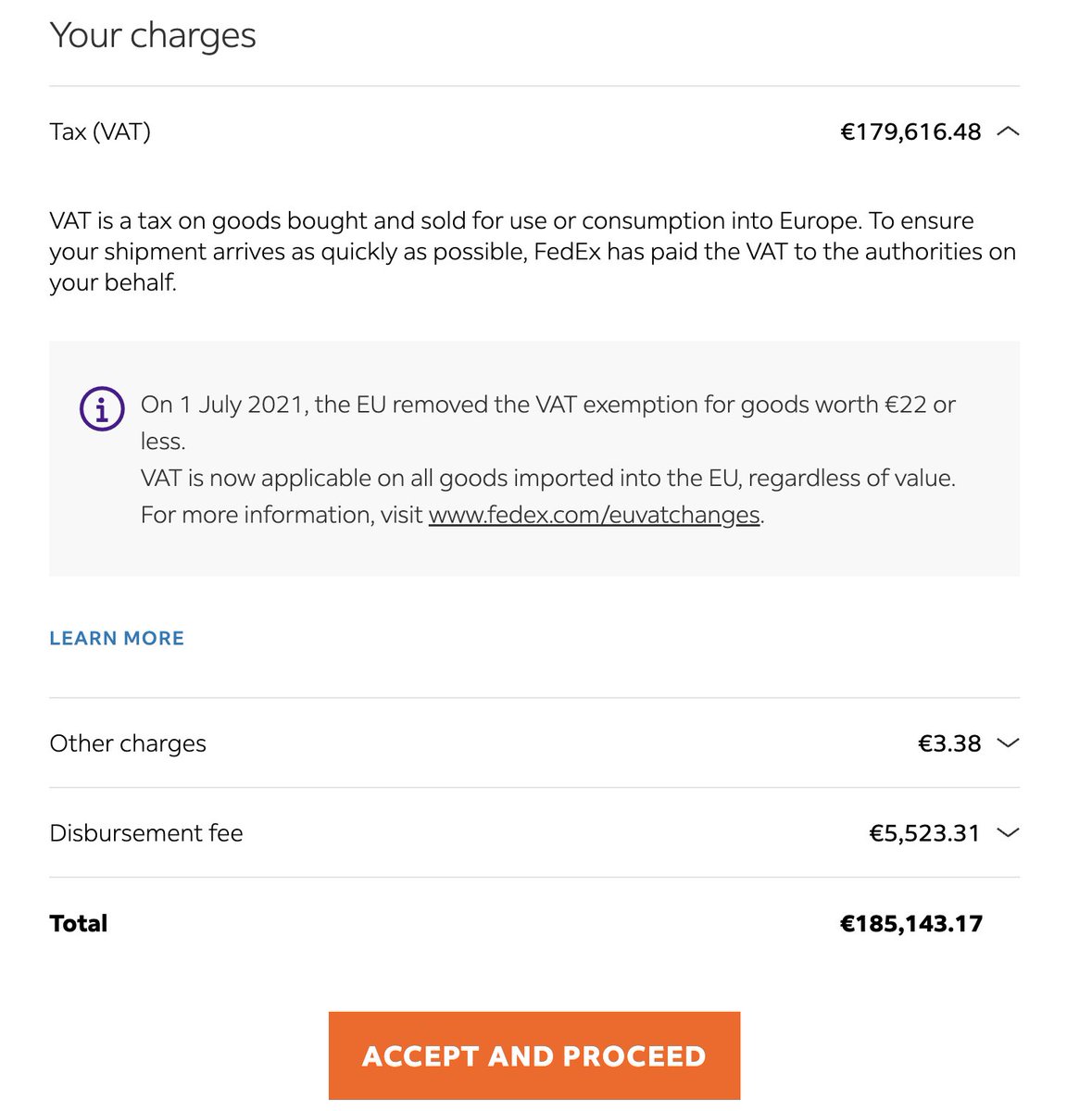 lukeclancy's tweet photo. Hey @FedExEurope @FedExOffice I noticed before that your extra charges feel pretty bloated, but WOAH! 
I don't think i will "Accept and Proceed" with these surcharges on a £164 purchase. https://t.co/ph4Ig4QRB2