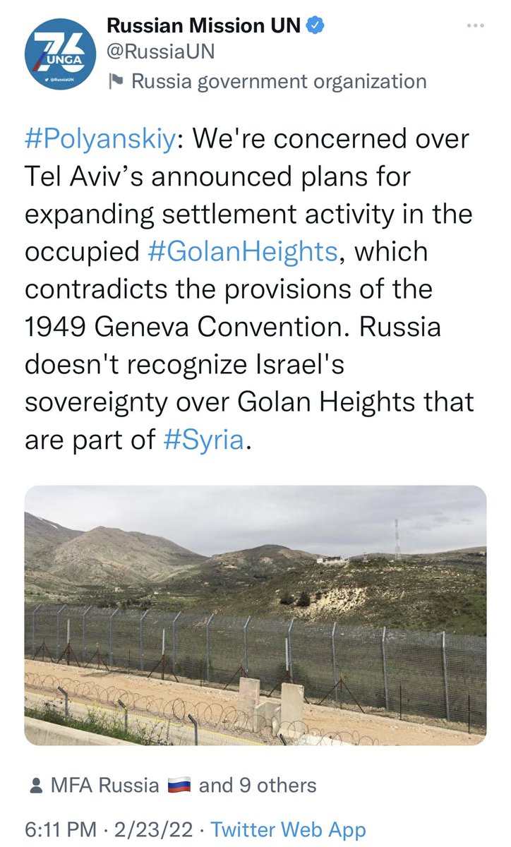 HikindDov's tweet photo. Russia: Ukraine is ours and we will take it.

Also Russia: But it’s important that on the day we invade our neighbor like mobsters that we condemn Israel for having secured the strategic Golan Heights during a defensive war.

Otherwise, it’s just another day in Putin’s Russia… https://t.co/HtlAH83ieu