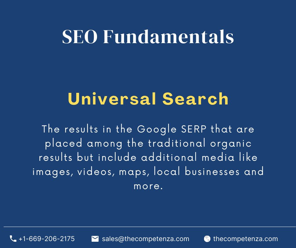 thecompetenza's tweet photo. This Week's SEO Term: Universal Search

The results in the Google SERP that are placed among the traditional organic results but include additional media like images, videos, maps, local businesses and more.

#seo #seobasic #seoterms #learnbasic https://t.co/kIIXoHno4T