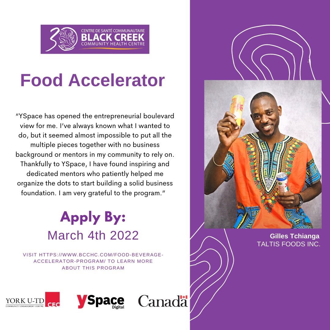 BlackCreekCHC's tweet photo. 🚨Attention all Black Food and Beverage Entrepreneurs! @blackcreekCHC is organizing a Food &amp; Beverage accelerator program to fast-track your growth with expert guidance! Apply by March 4th:https://t.co/fOXBwqYG59
#CanadianEntreprenuers #BlackEntrepreneurs #YSpace #FedDev https://t.co/KcJgj8oitY