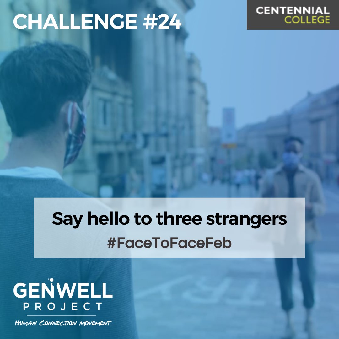 GenWellProject's tweet photo. The 2021 Canadian Social Connection Survey found that happier people greet strangers more often. Today's #FaceToFaceFeb challenge is to say hello to three strangers! Let us know if your hellos led to a longer conversation!
#genwellproject #humanconnection #socialhealth https://t.co/h6mAUGA4sV