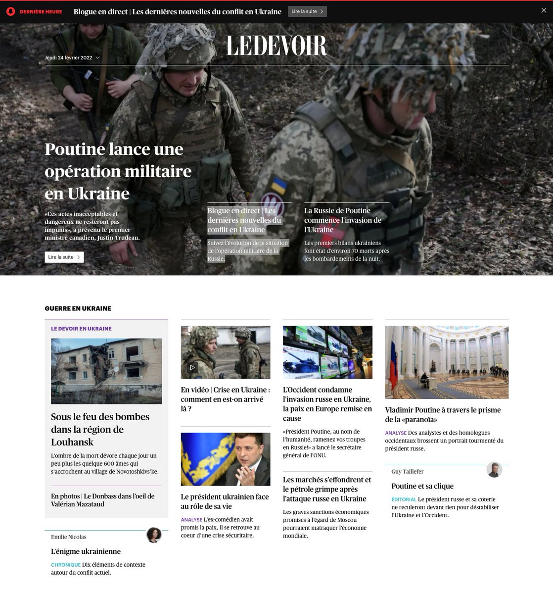 Toute une équipe en poste depuis tôt ce matin pour vous donner tous les derniers développements sur le conflit en #Ukraine.

Suivez notre blogue en direct : ledevoir.com/monde/europe/6…