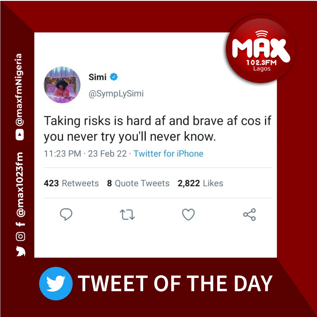 Max1023FM's tweet photo. We thought to share this truth by @symplysimi with y’all!
.
.
Take that risk.. you never know.
#tweet #tweetoftheday #twitter #simi #simigold #quotes #wisewords #maxfm https://t.co/1rROPnlwbx