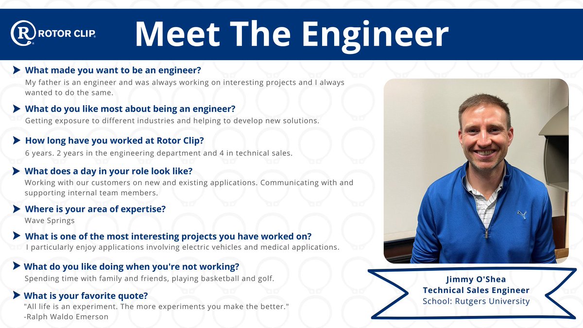 RotorClip's tweet photo. Meet Jimmy! Jimmy has worked in both the engineering and technical sales department at Rotor Clip. He is also one of our resident wave spring experts! Check out his spotlight for more βοΈ #MeetTheEngineer #EngineersWeek #Engineering https://t.co/1GhO3lWTy4