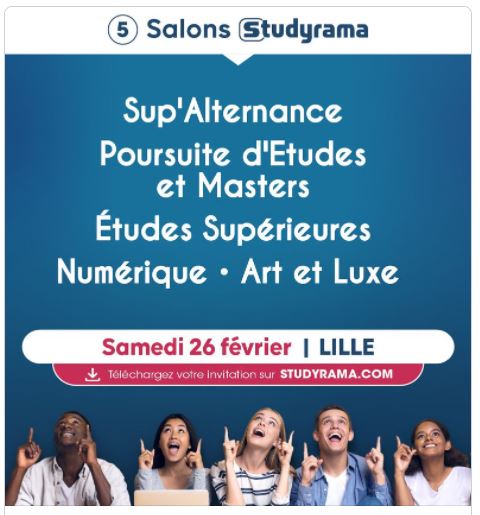 Vous cherchez votre future #formation ?

Nous accueillons, ce samedi 26 février, de 10h à 17h :  

STUDYRAMA : LE SALON DE LA POURSUITE D’ETUDES &amp; MASTERS

Inscription gratuite &amp; plus d'infos 
lnkd.in/dV9b5Yyd
