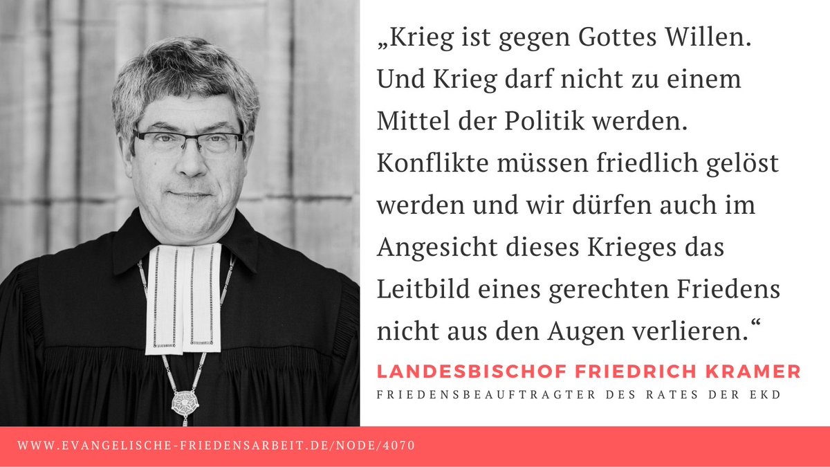 Friedensbeauftragter des Rates der <a href="/EKD/">Evangelische Kirche</a>, Landesbischof Friedrich Kramer: Die militärischen Operationen müssen umgehend eingestellt und alle Anstrengungen unternehmen werden, dass die Gesprächsfäden wieder aufgenommen werden. 
evangelische-friedensarbeit.de/node/4070