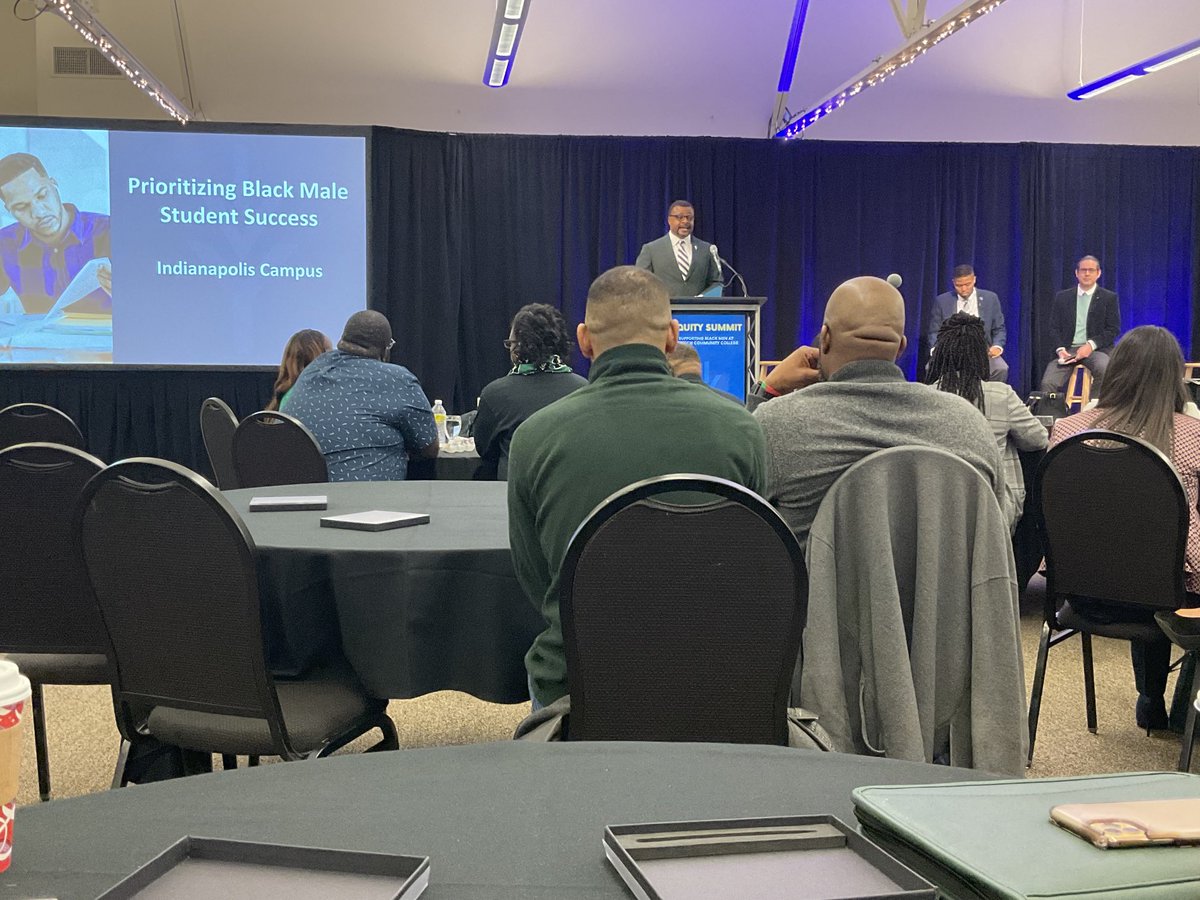 Enjoying the Ivy Tech Community College inaugural Equity Summit focused on Black males! Dr. Lorenzo Esters, Chancellor at the Indy campus providing some sobering statistics. We have work to do!