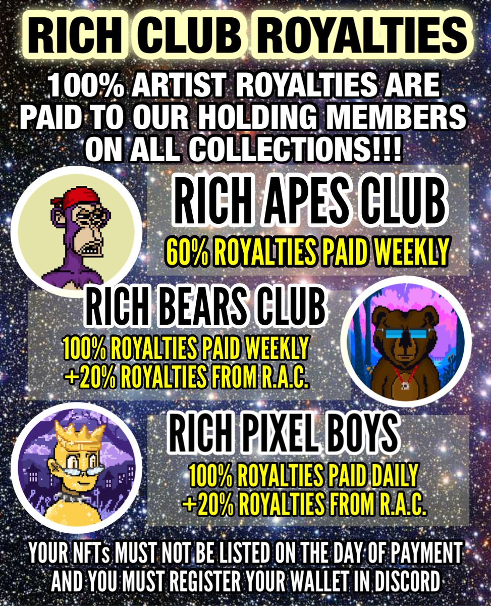 Come join the Rich Bears fam ♥️
It’s royalties day today so any NFT u buy today will earn u royalties on ALL of the last 7 days sales

#NFTs #NFTcollector #NFTartist #SolanaNFTs #NFTdrop #NFTart #NFTanime #NFTCommunity #NFT #passiveincome #WAGMI #LFG