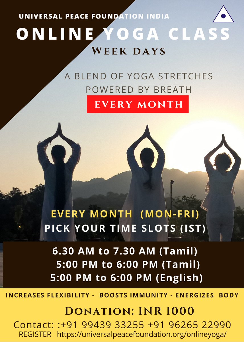 SanthoshamUPF's tweet photo. *Weekdays Yoga- Online*
March 2022

Register at
https://t.co/luGB2O0Owe https://t.co/qV6hHpLOuS